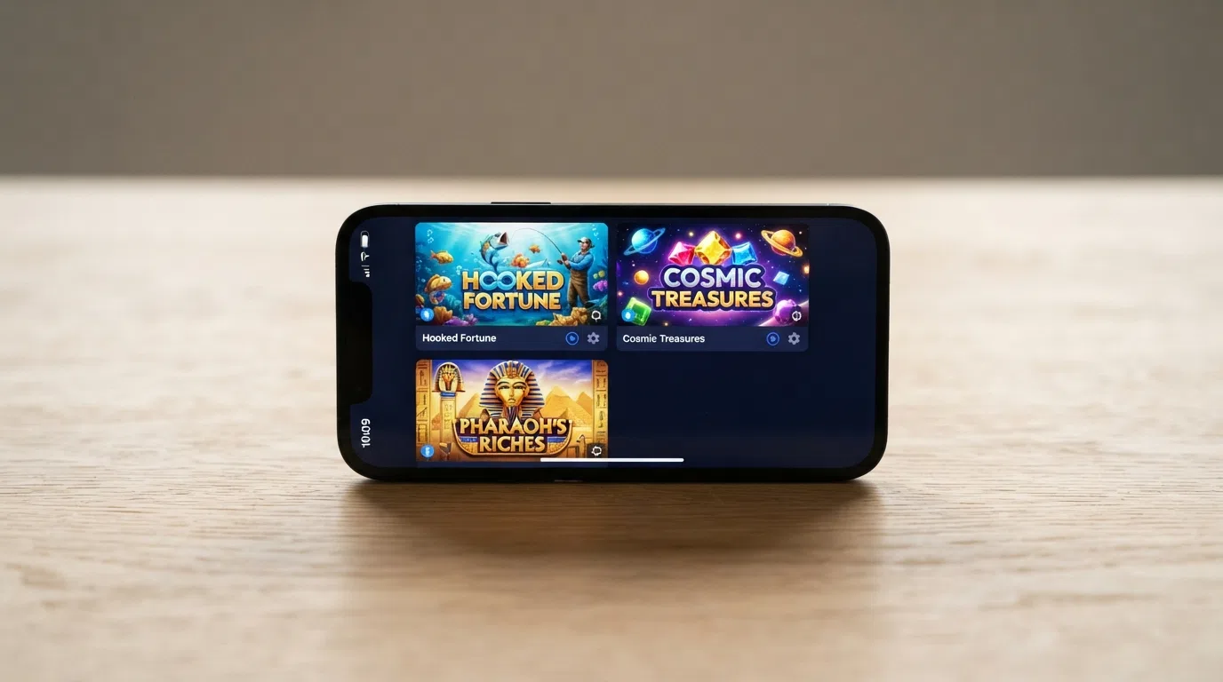 A smartphone screen showing a grid of popular online slot thumbnails including Big Bass Splash, Starburst and Book of Dead