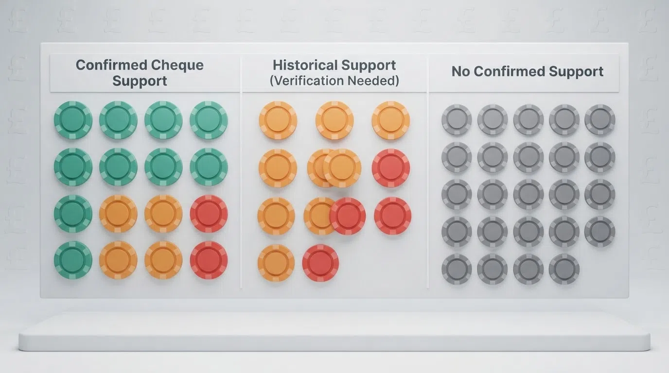 A side-by-side visual comparison of ten UK casino operator logos grouped into categories — confirmed cheque support, historical support needing verification, and no confirmed support