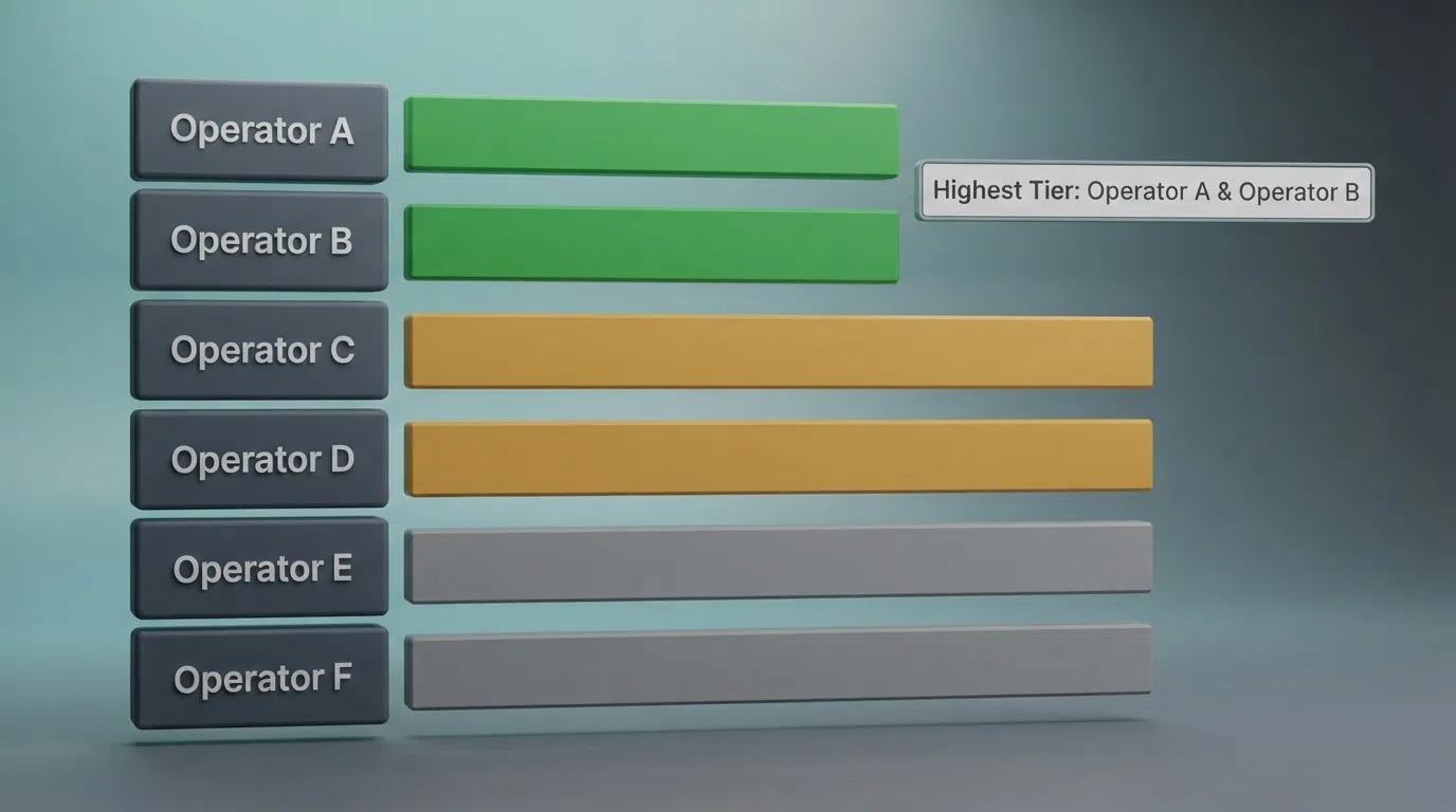 A stylised comparison chart with operator logos arranged left to right, each paired with a colour-coded bar showing its RTP deployment tier (green for Tier 1, amber for Tier 2, grey for unverified), and a callout highlighting the two Tier-1 operators