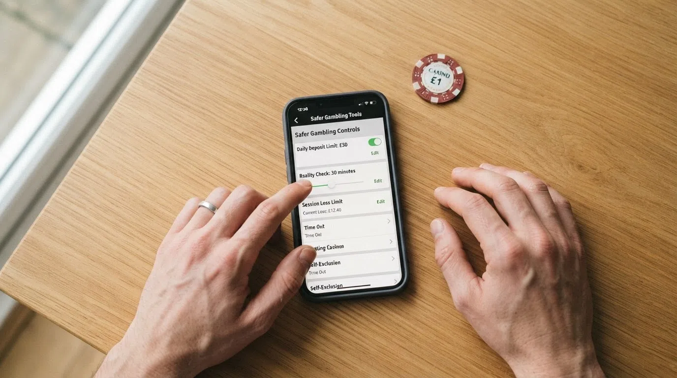 A mobile screen showing a UK-licensed casino's safer-gambling tools panel with deposit-limit settings, reality-check timer and session-loss display