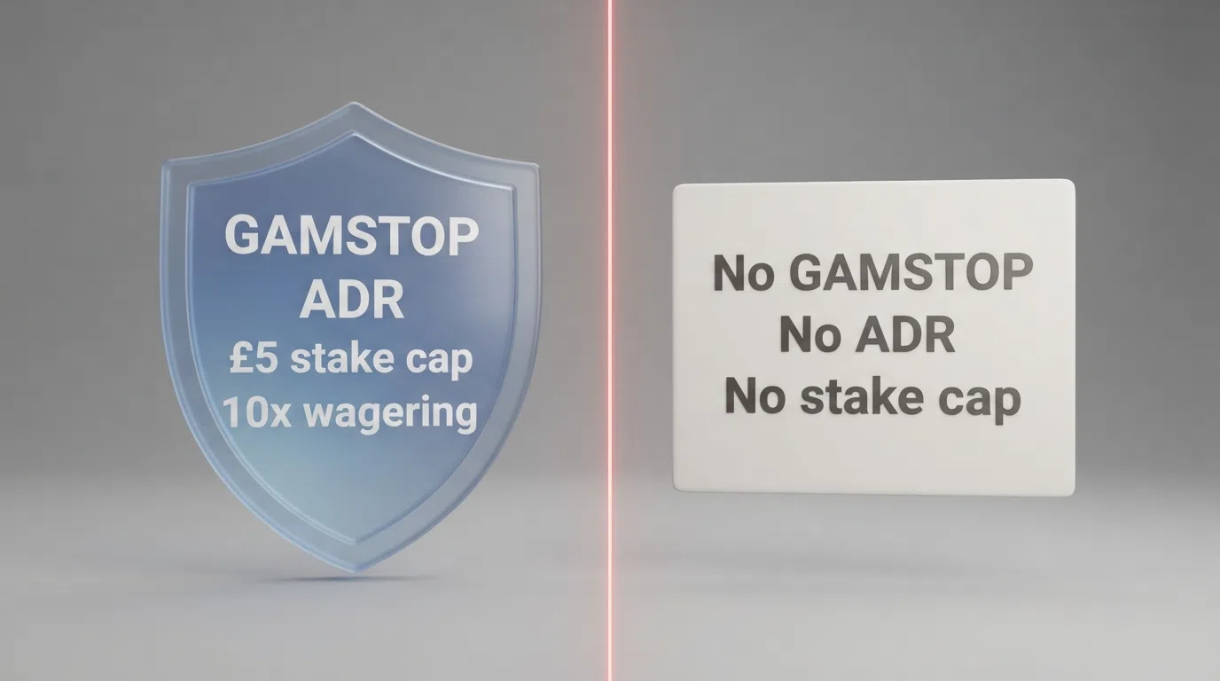 A split-screen visual: UKGC regulatory safeguards listed on the left, Anjouan licence features on the right, with a red cross marking protections absent from the Anjouan side