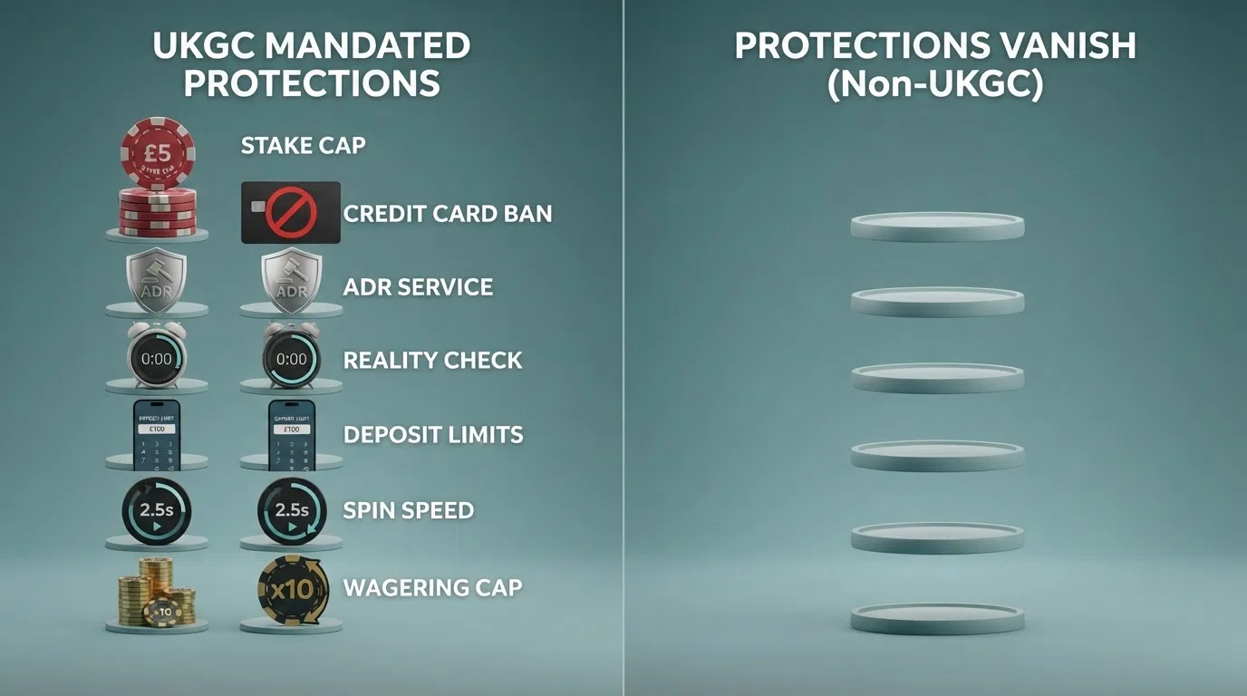 A side-by-side comparison graphic showing UKGC-mandated protections (stake cap bar at £5, credit card icon crossed out, ADR logo) on one side versus empty or absent equivalents on the non-GamStop side