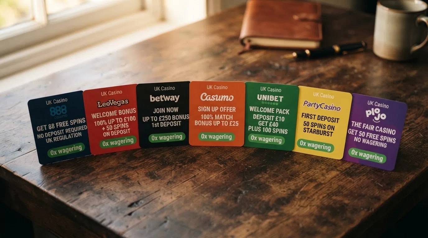 A side-by-side visual comparison of welcome-offer cards from the featured casinos, showing free-spin counts and wagering labels — 0x wagering highlighted in green
