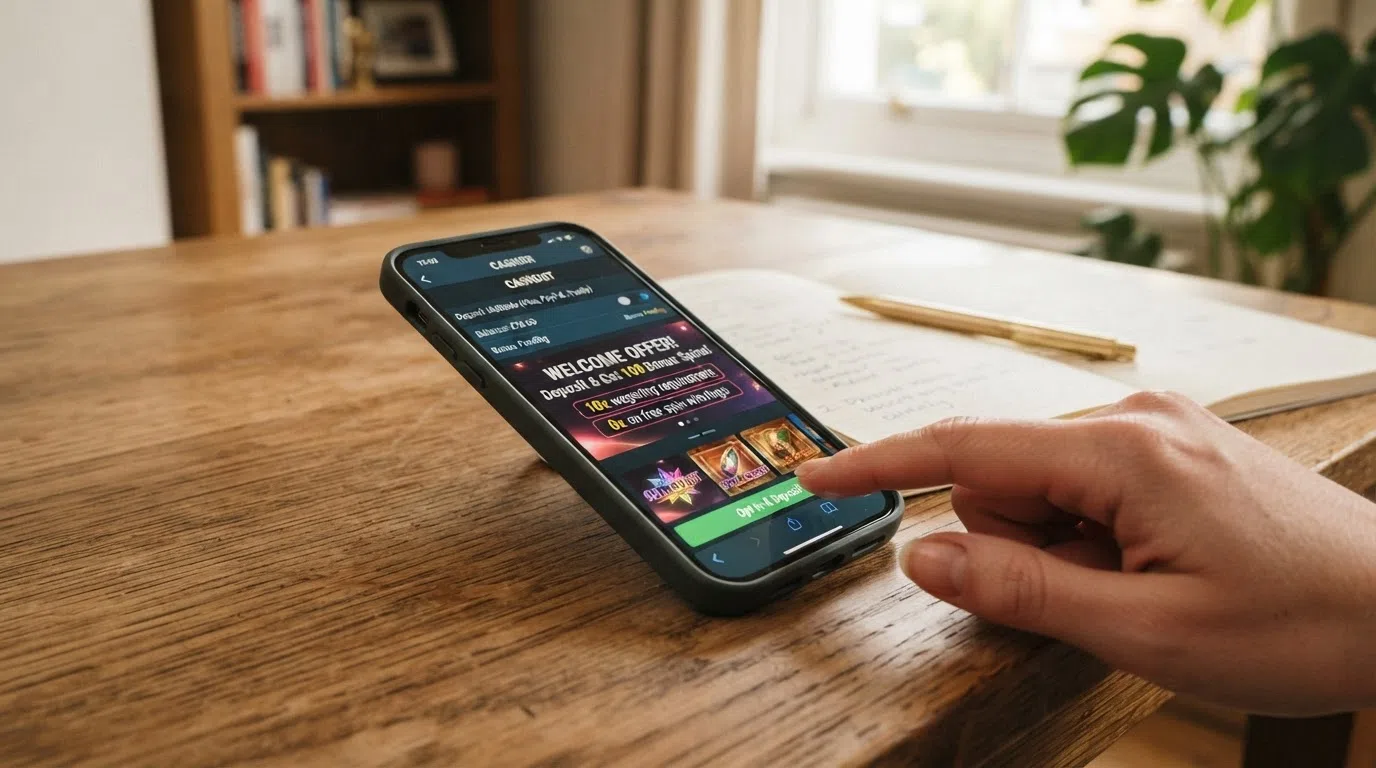 A smartphone screen showing a UK casino cashier with a highlighted welcome-offer banner — the terms box below it displays “10x wagering requirement” and “0x on free spin winnings” in clear text