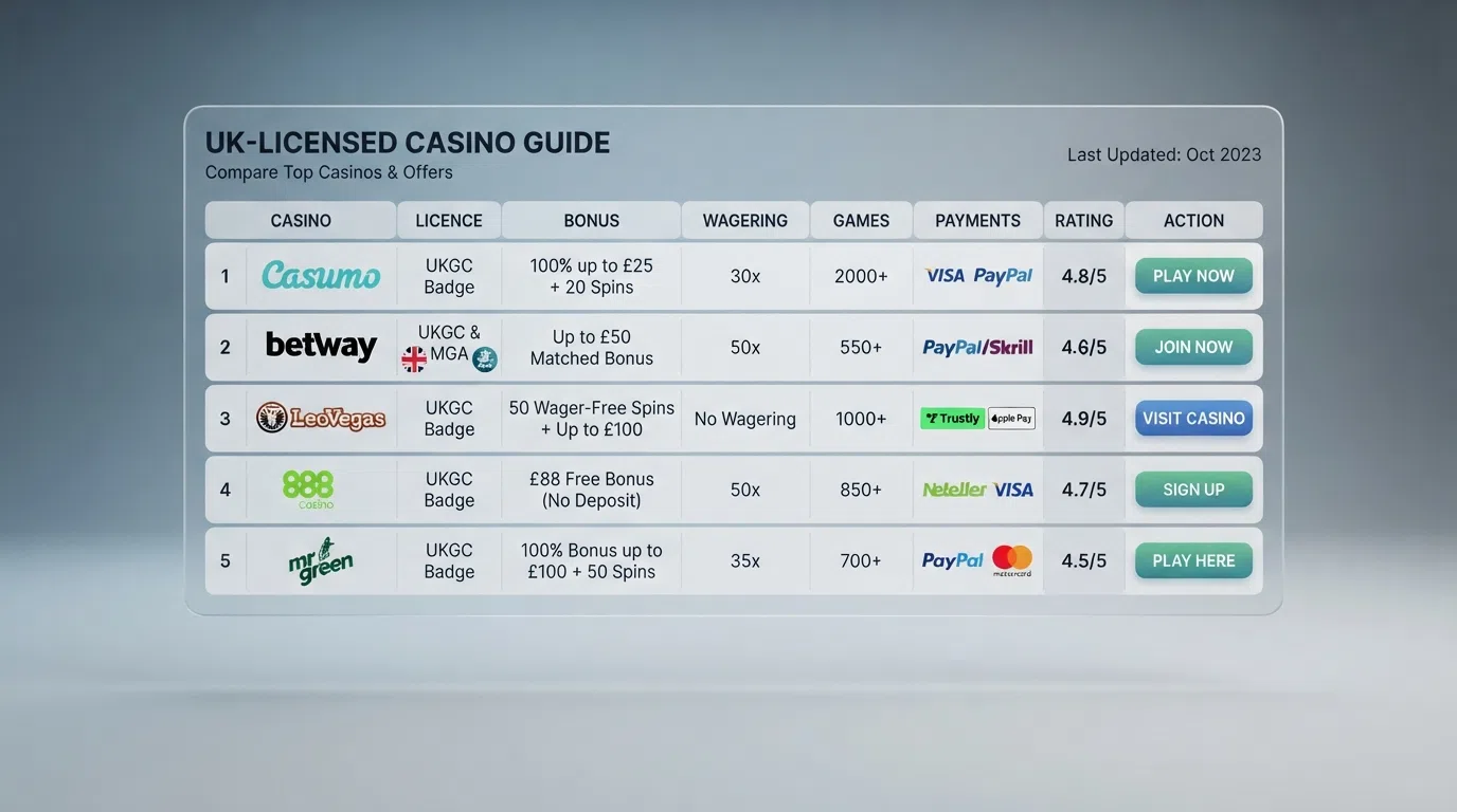 A side-by-side grid layout representing a casino comparison table, with licence badges and bonus-type icons across ten rows