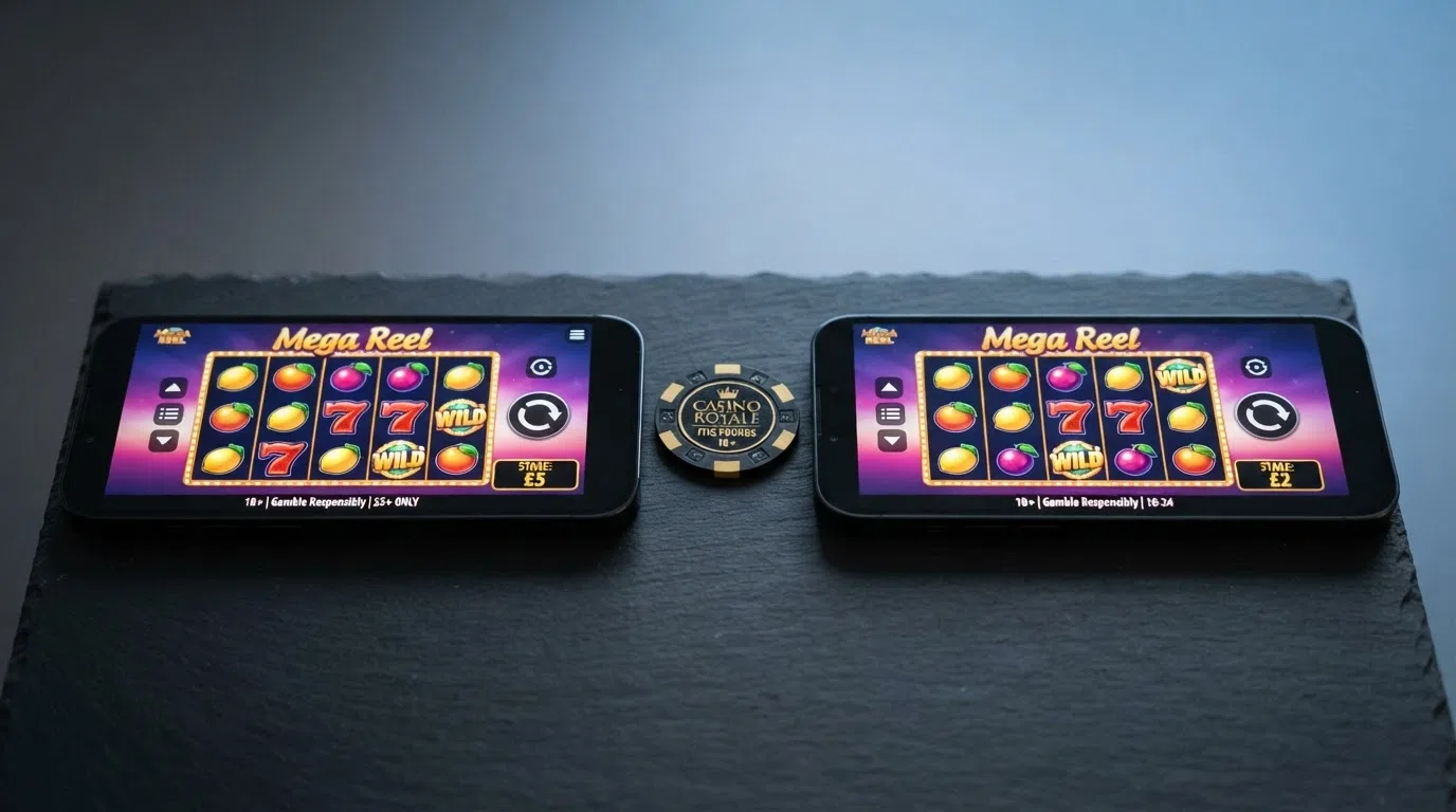 Two mobile phones side by side showing an identical Greentube slot, one displaying a £5 stake indicator and the other a £2 stake indicator