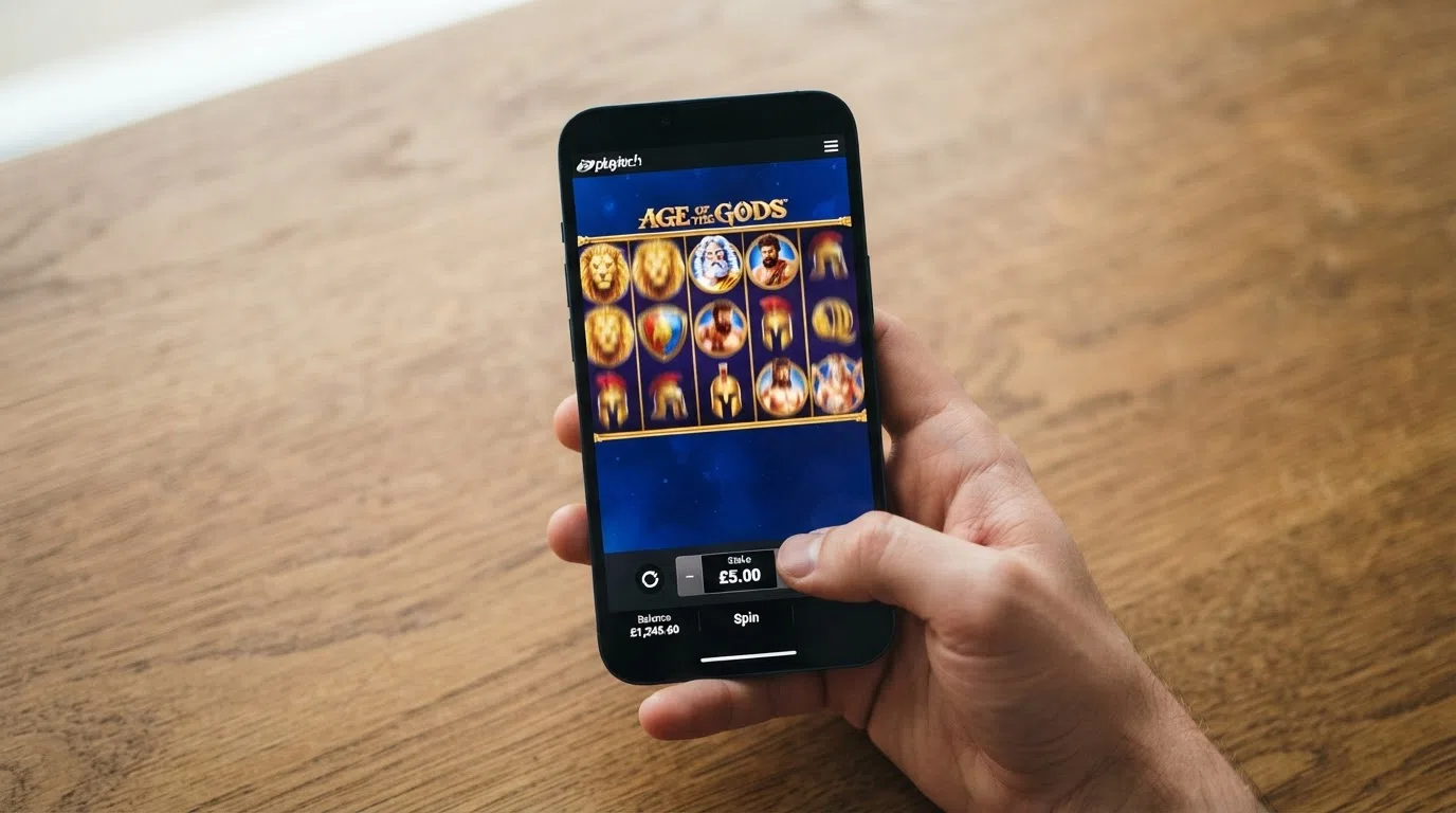 A smartphone showing a slot game with a stake selector set to £5
