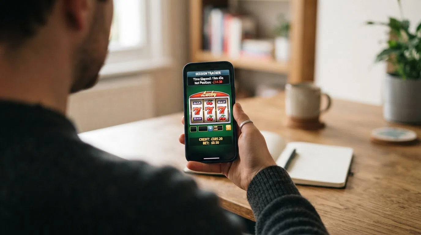 A smartphone screen showing a classic slot game session with the mandatory time-elapsed and net-position display that UKGC rules require