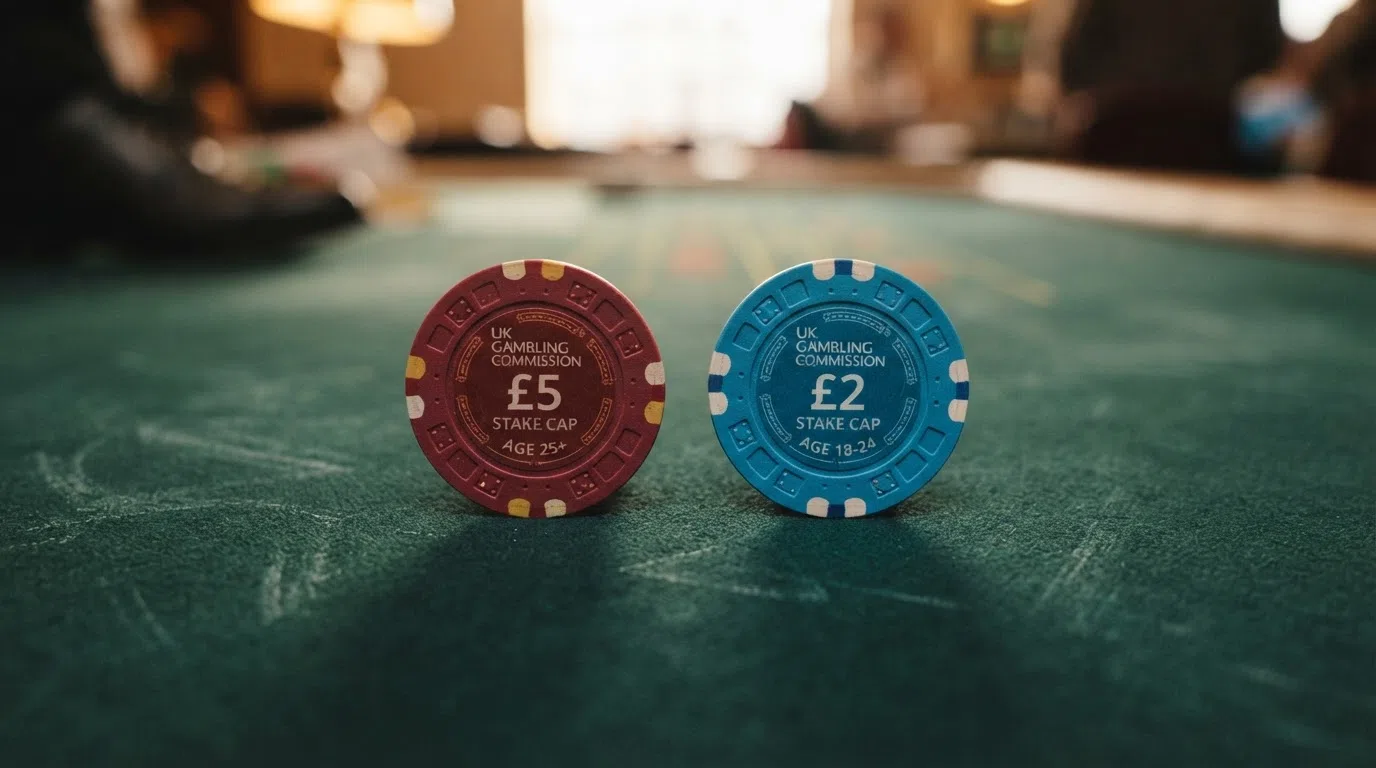 An infographic displaying the UK's age-banded stake caps — a £5 chip for players aged 25 and over beside a £2 chip for players aged 18 to 24