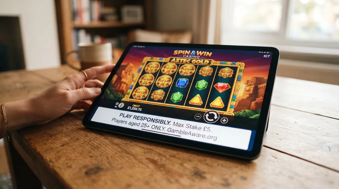 A close-up of a slot game screen showing a £5 maximum stake reminder for players 25 and over.