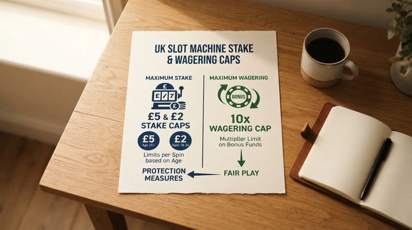 A simple diagram of the UK limits: £5 and £2 stake caps, a 10x wagering cap and a 2.5-second spin speed