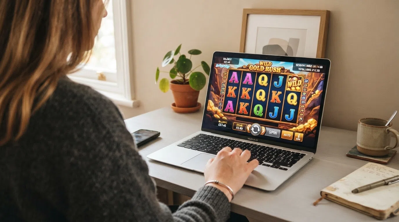 A UK online slot game screen showing the stake selector capped at £5.00, with the session-timer and total-loss display visible in the overlay, and the UKGC licence number in the footer