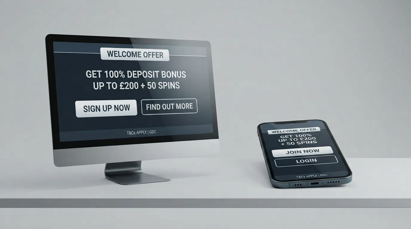 A side-by-side arrangement of UK casino brand interfaces on desktop and mobile, showing welcome-offer panels