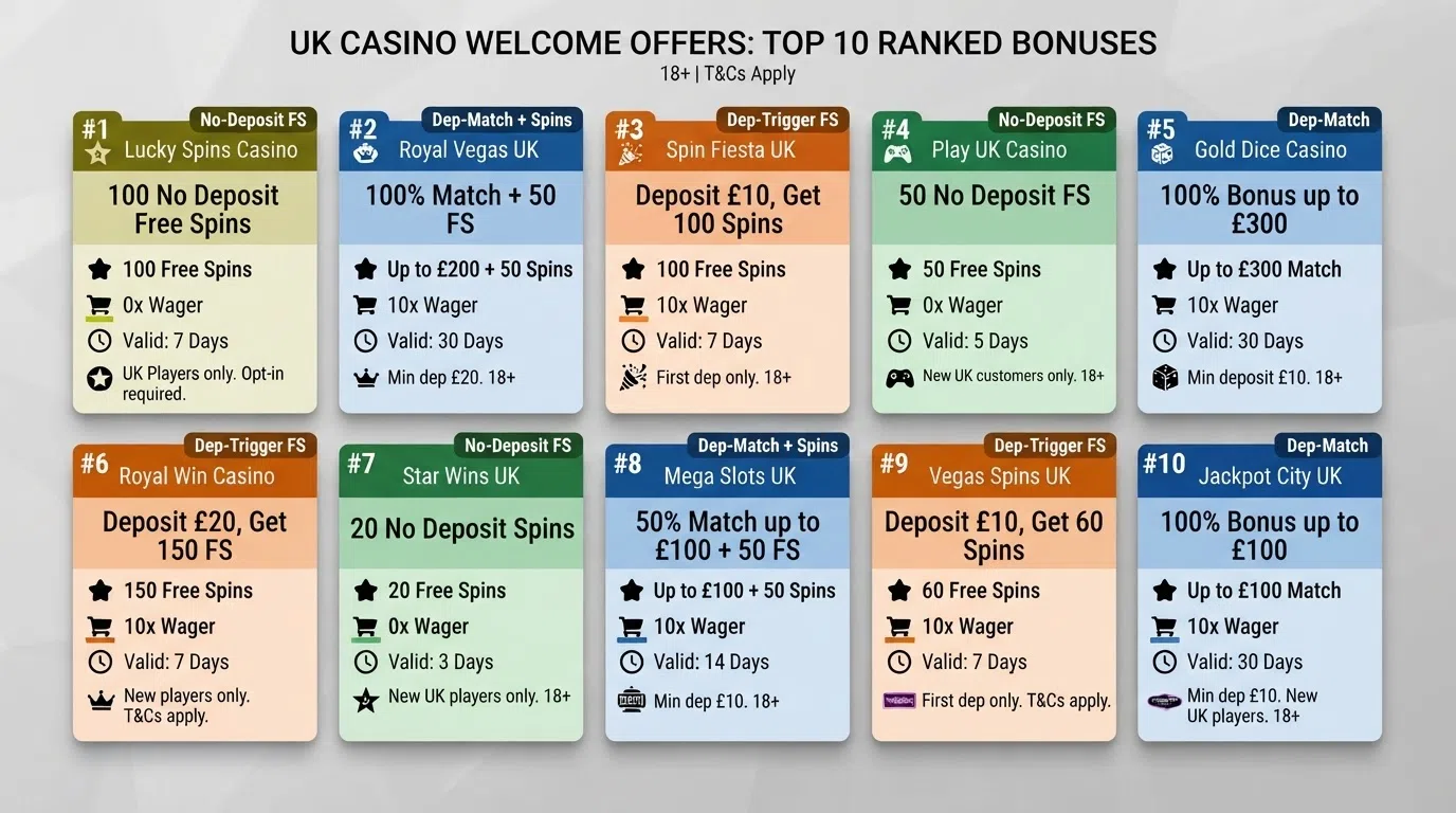 A side-by-side grid layout showing ten casino welcome offer cards arranged in ranked order, each with a free-spin count, a wagering badge, and a time-validity icon, colour-coded by bonus type