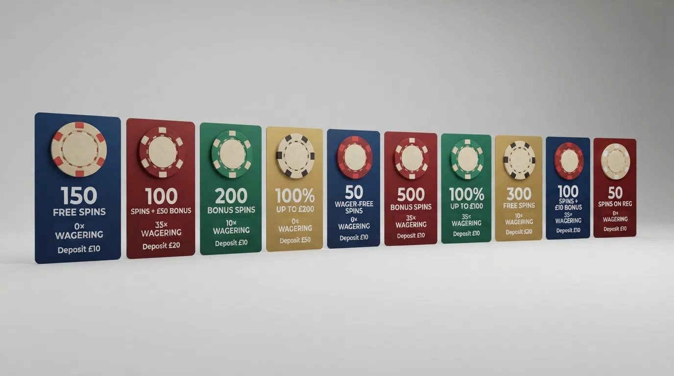 Ten casino-branded cards arranged in a row, each showing a welcome-offer summary — free-spin count, wagering badge and deposit figure — ordered from left to right by overall value.