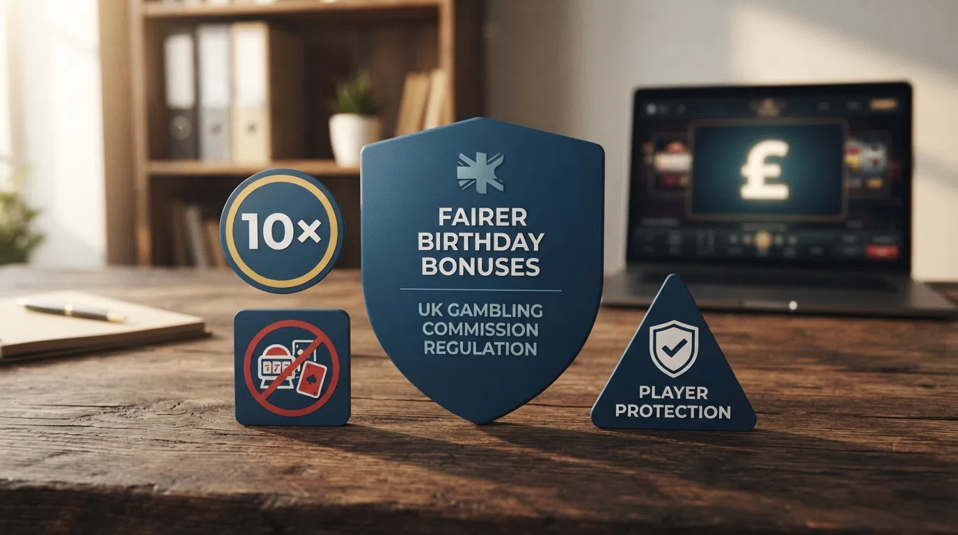 The UK Gambling Commission logo alongside three illustrated rule icons — a 10× badge, a crossed-out product-mix symbol, and a shield representing player protection