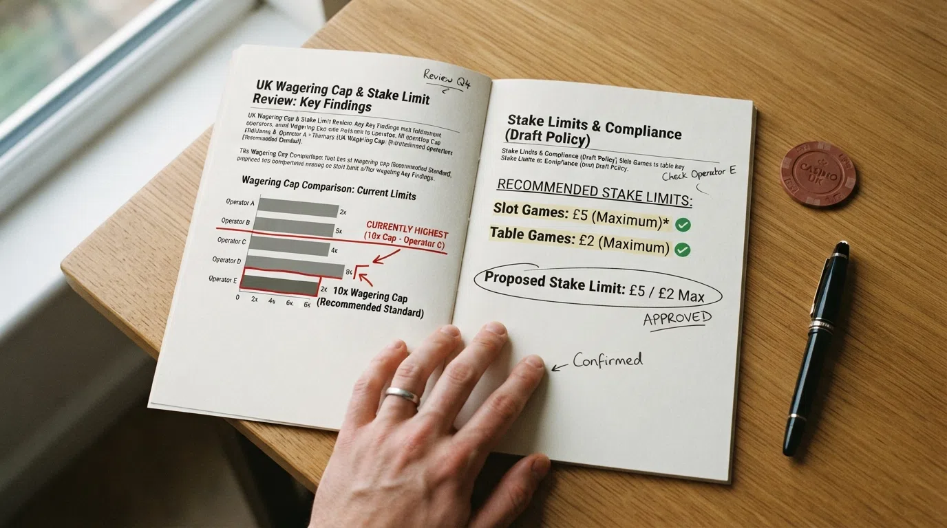 A document listing UK wagering and stake limits beside a Gambling Commission reference