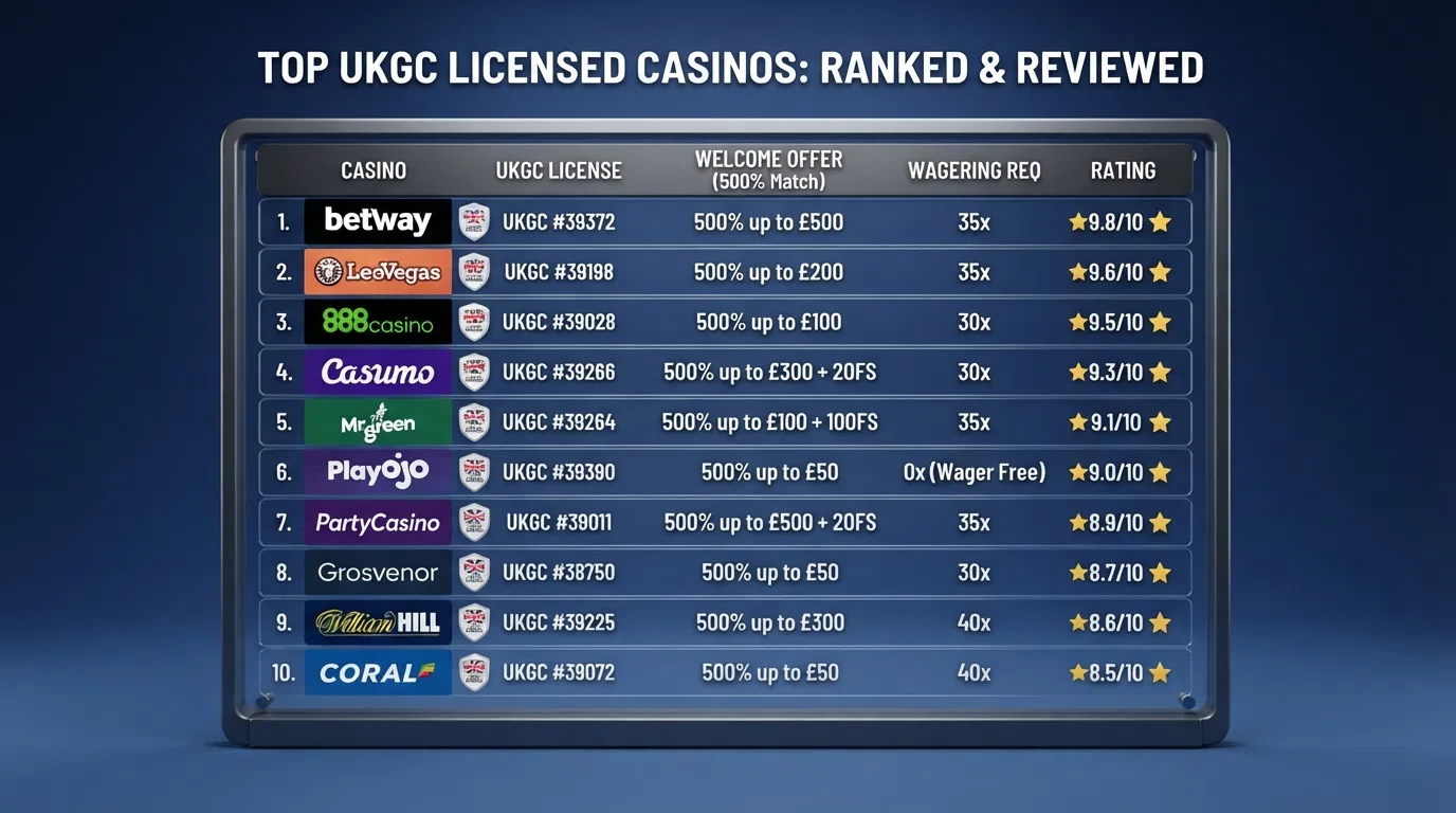 A comparison table of casino welcome offers with licence badges and wagering figures
