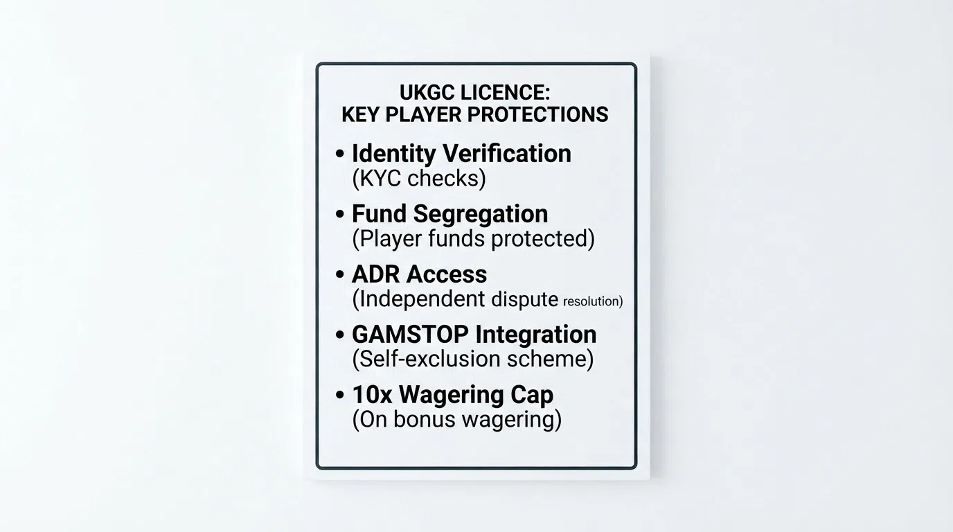 A clean graphic showing the UKGC logo beside a simple checklist of player protections in black type on a white field: identity verification, fund segregation, ADR access, GAMSTOP integration, 10× wagering cap
