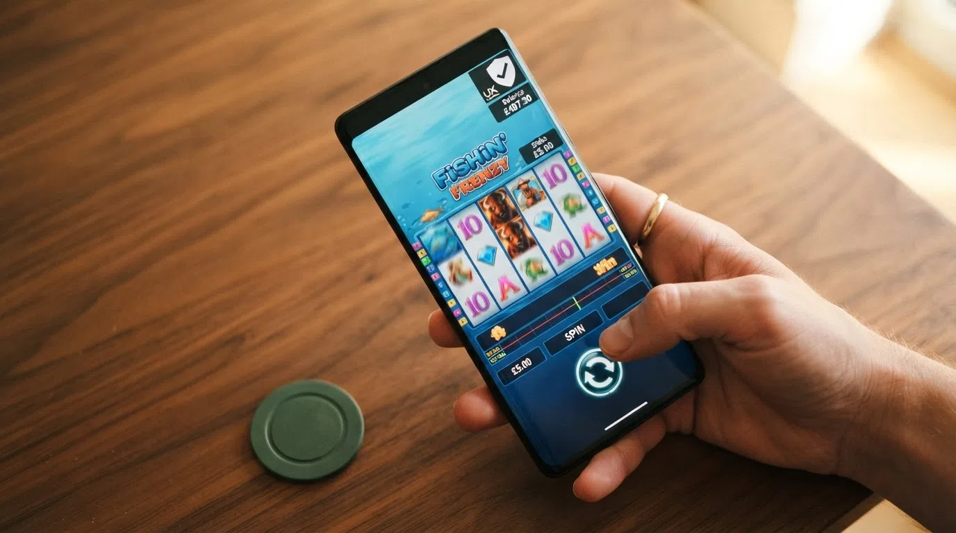 A smartphone screen showing a Blueprint slot game interface with a visible £5 stake-cap indicator and the UK Gambling Commission logo in the corner