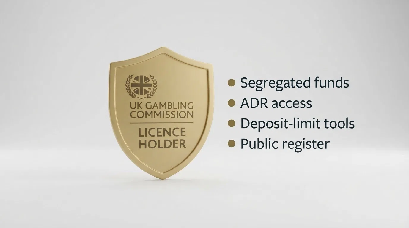 A clean product shot of a UKGC licence badge rendered as a shield icon beside a simplified checklist of player protections: segregated funds, ADR access, deposit-limit tools, and the public register.