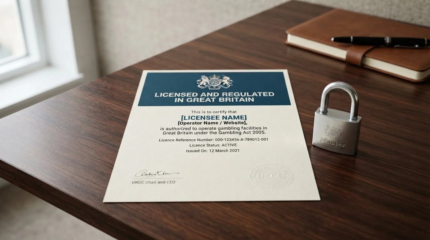The UK Gambling Commission logo beside a padlock icon and the text “Licensed and regulated in Great Britain” on a certificate-style document