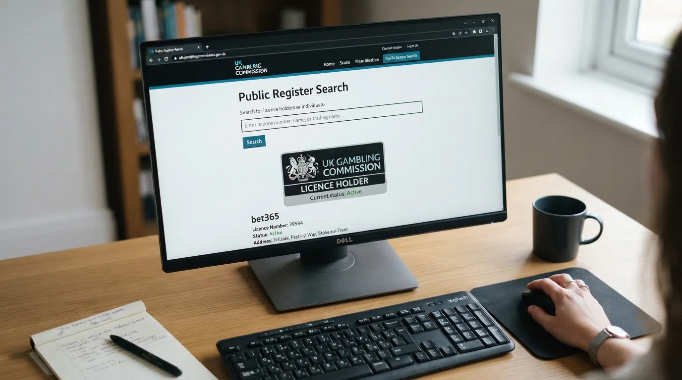 A close-up of a Gambling Commission licence badge next to the public register search bar