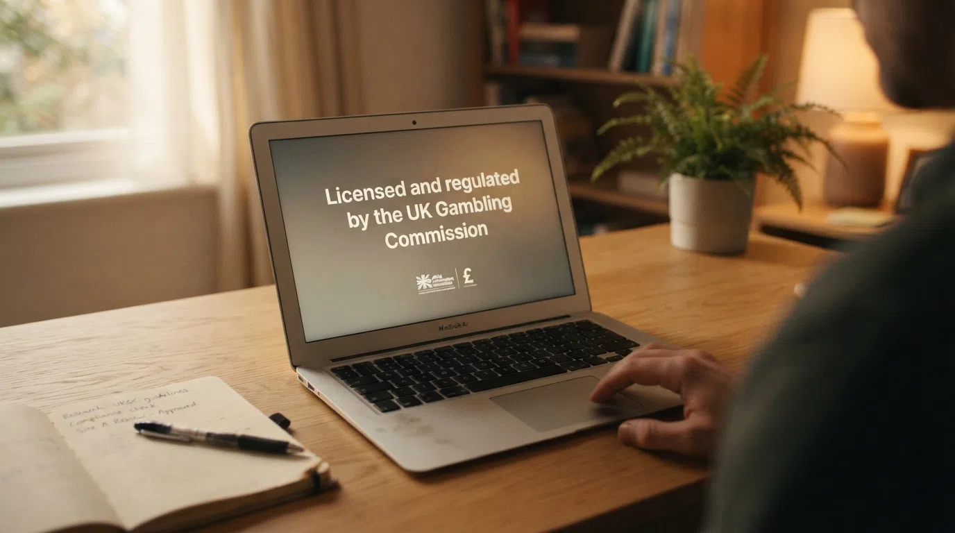 A laptop showing the Gambling Commission public register with an operator's licence status