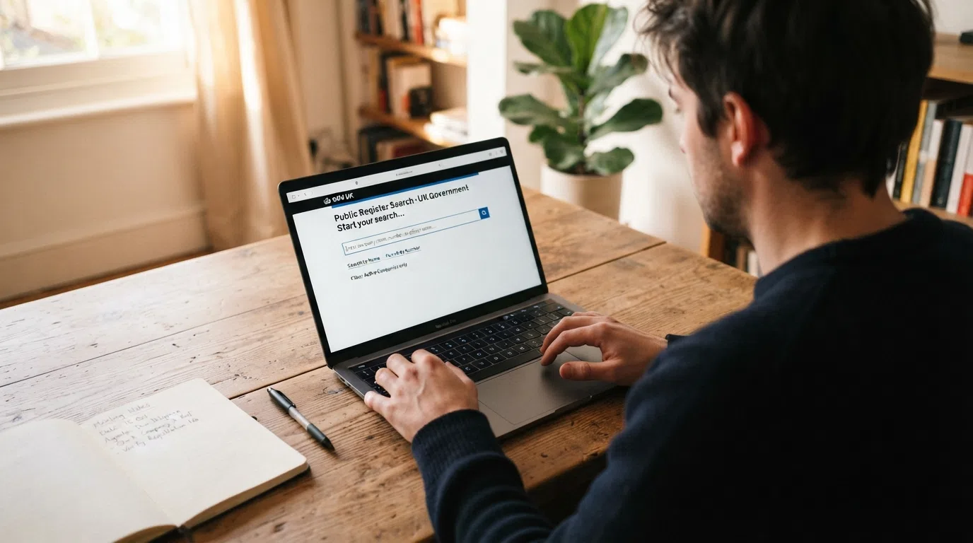 A laptop showing the UK Gambling Commission public register search box