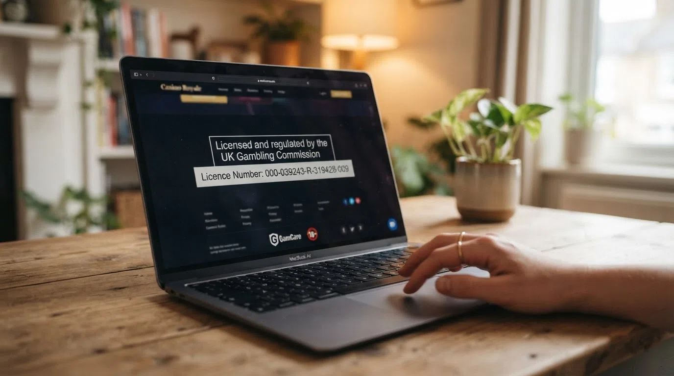A casino website footer showing a UK Gambling Commission licence badge with the operator's account number, the Commission's logo, and the statement “Licensed and regulated by the Gambling Commission”