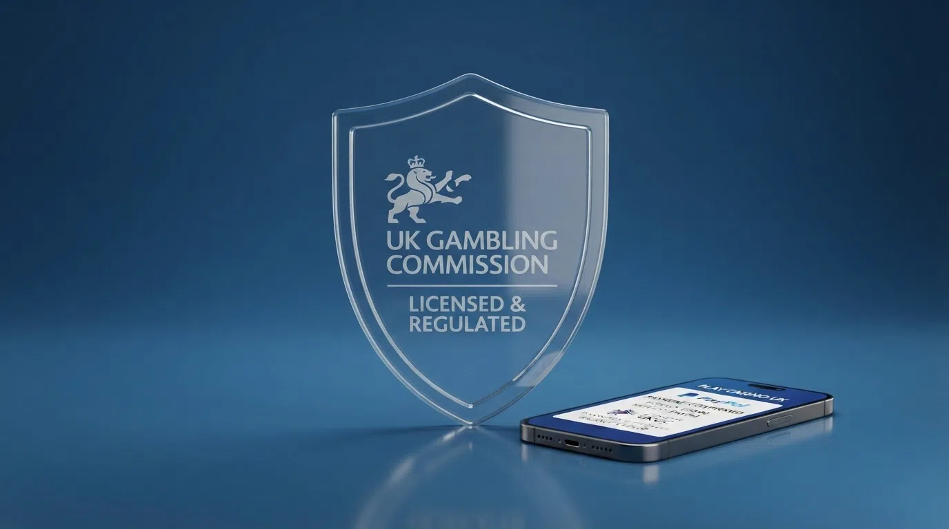 The UK Gambling Commission logo alongside a MuchBetter deposit-confirmation screen on a smartphone
