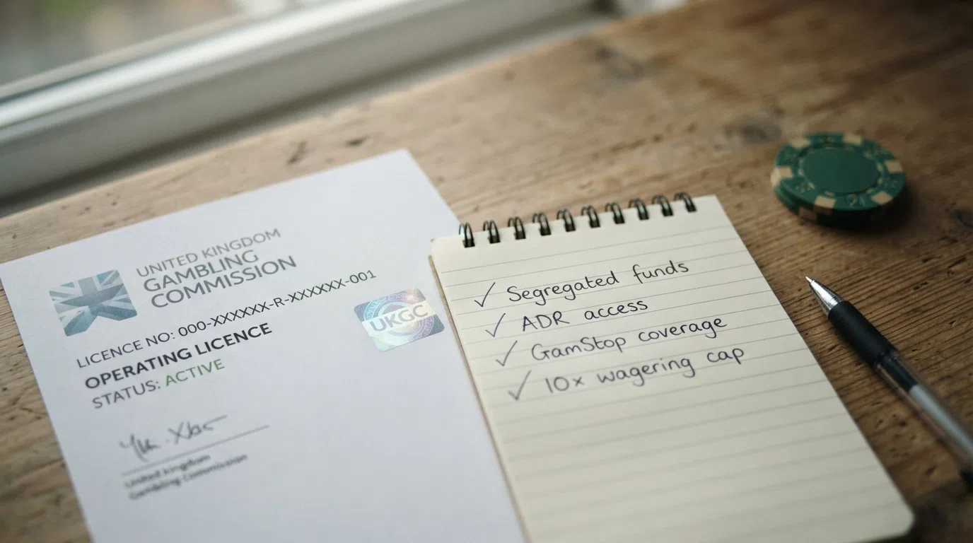 A UK Gambling Commission licence badge next to a simplified checklist of the player protections it guarantees: segregated funds, ADR access, GamStop coverage, and the 10× wagering cap.