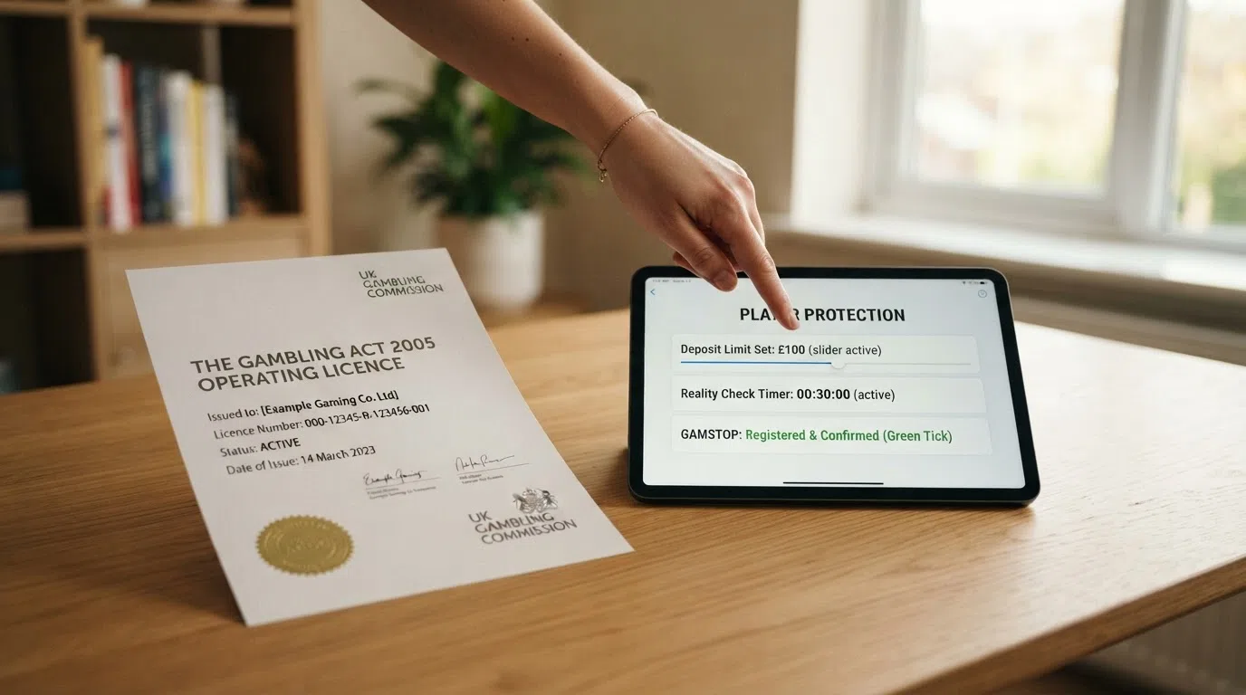 A close-up of a UK Gambling Commission licence certificate alongside a screen showing player-protection tools — deposit-limit slider, reality-check timer and a GAMSTOP registration confirmation.