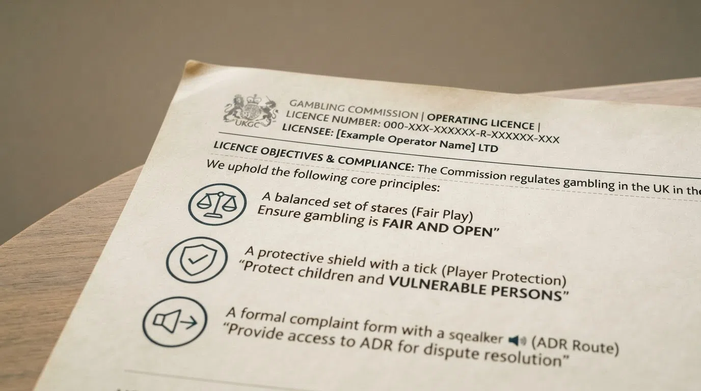A clean macro shot of a UKGC licence certificate extract overlaid with three bullet icons representing the licensing objectives — fair play scales, a shield for protection, and a complaint-form icon for the ADR route.