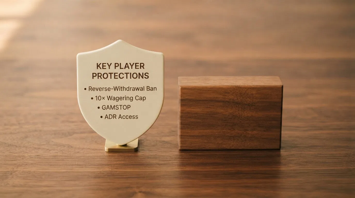 A UKGC logo beside a shield icon listing key player protections — reverse-withdrawal ban, 10× wagering cap, GAMSTOP, ADR access — with the words “GB Licence” prominent.