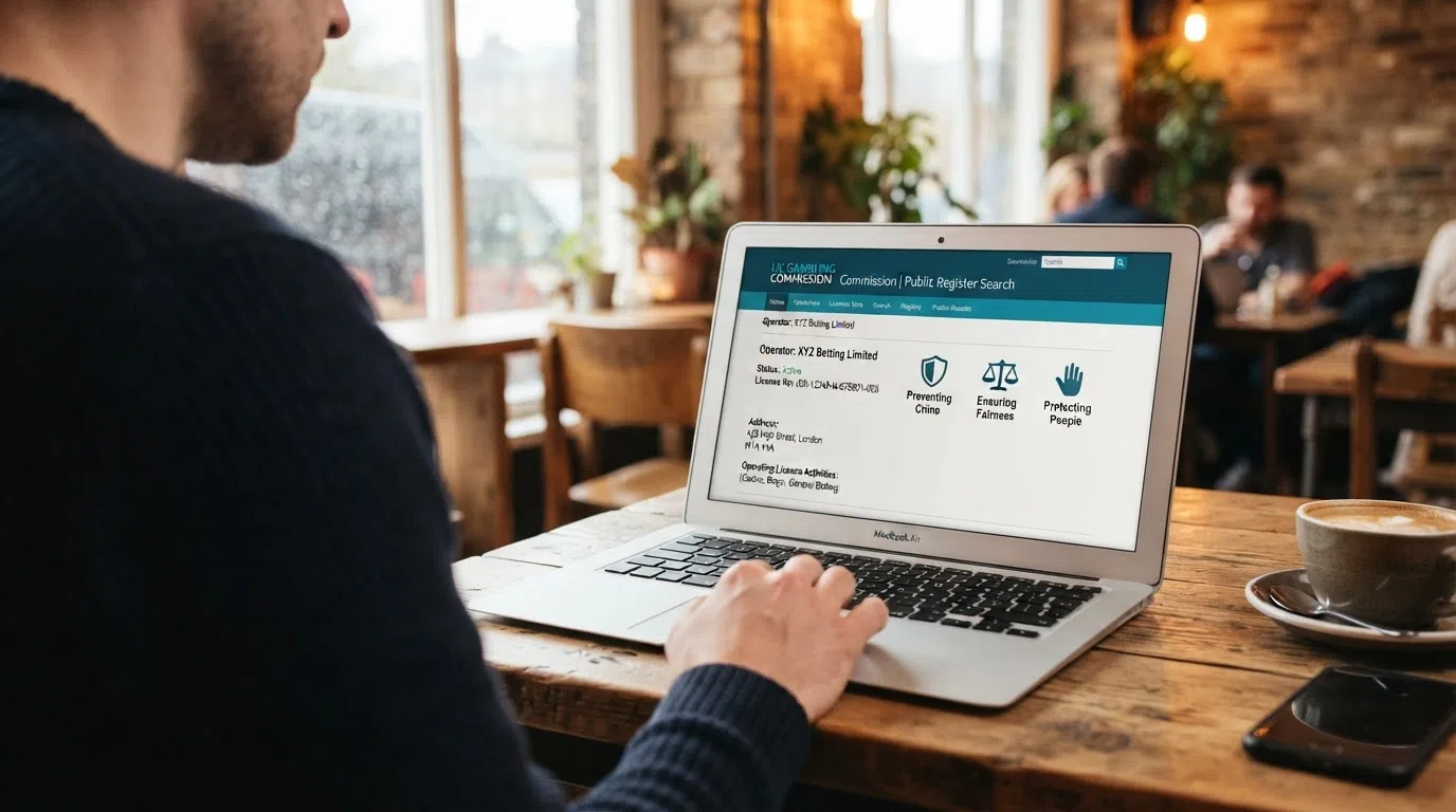 The UK Gambling Commission public register search interface with a licence result displayed, alongside icons representing the three licensing objectives