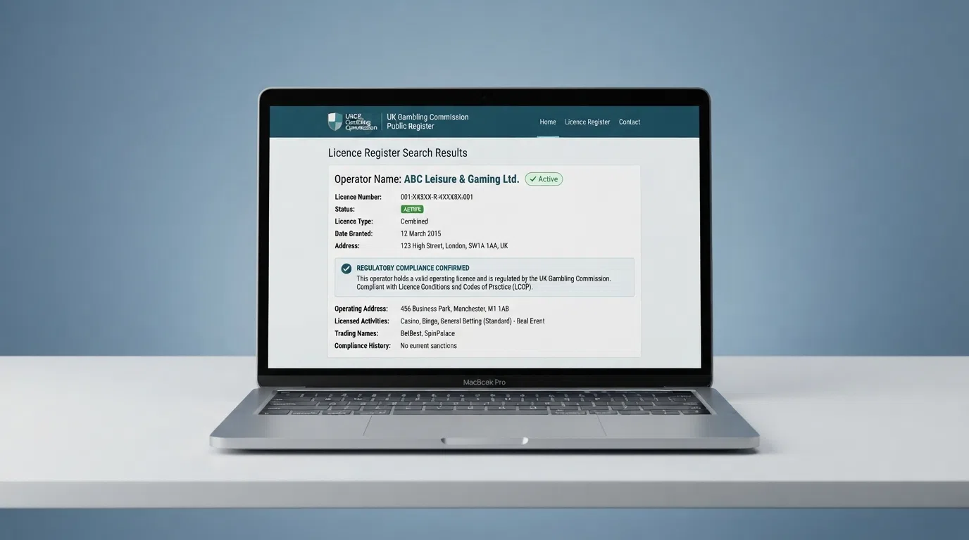 The Gambling Commission's searchable licence register showing an operator entry and licence number