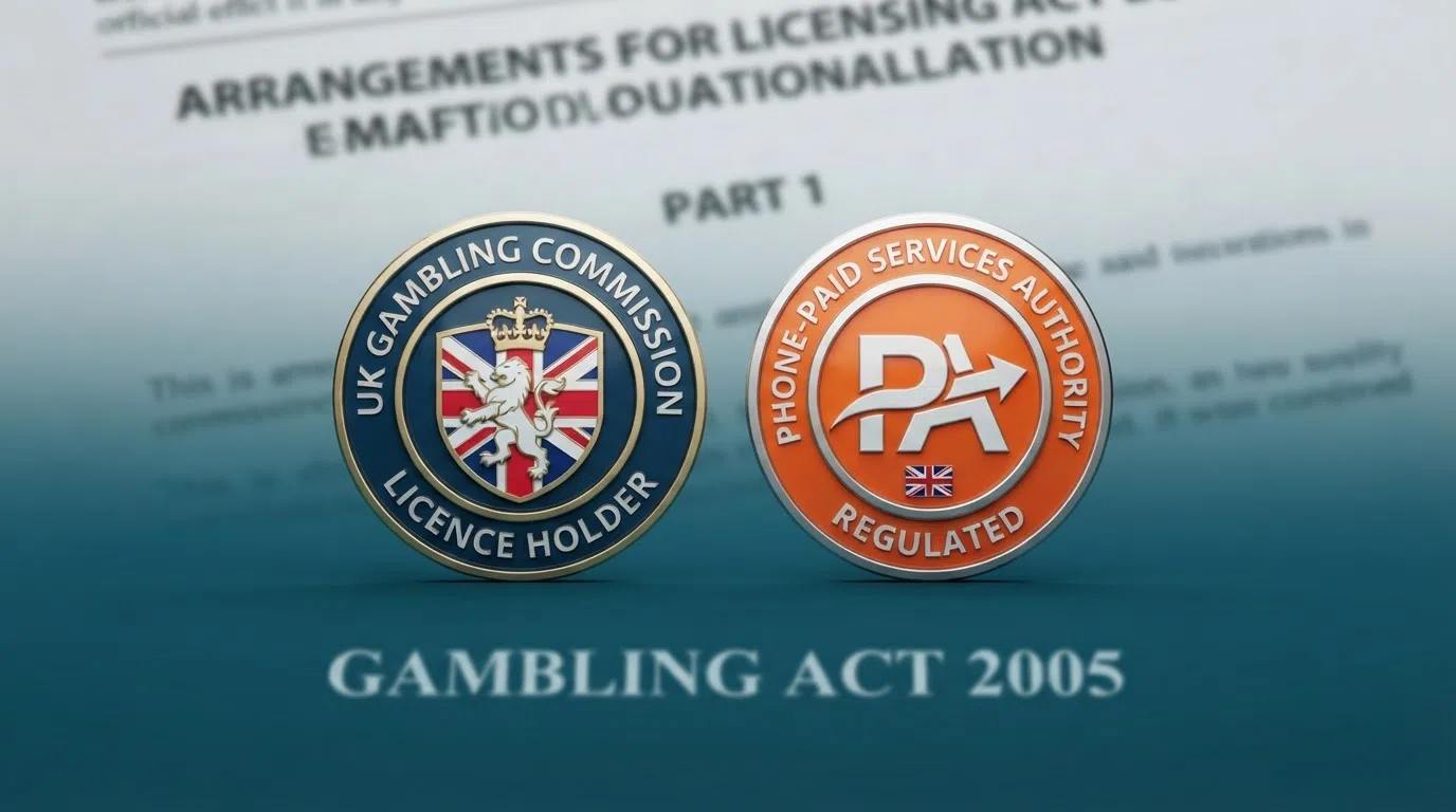 A split visual contrasting the UKGC licence badge on a casino footer with the Phone-paid Services Authority logo, over a background of the Gambling Act 2005 document header
