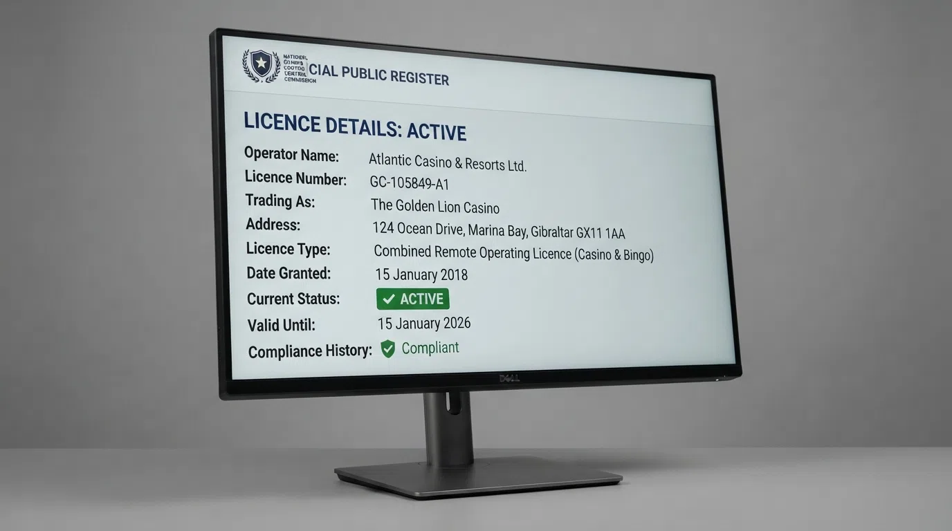 A mock-up of a UKGC public register search result screen showing an active licence entry, with the Gambling Commission logo and a "Licence status: Active" badge clearly visible.