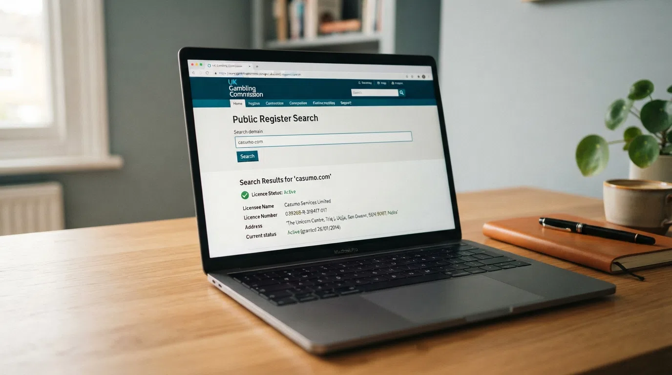 A close crop of the UKGC public register search interface on a laptop screen, a casino domain entered in the search bar