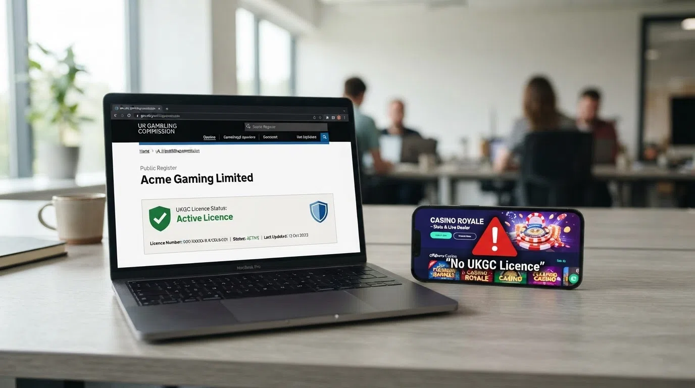 A screenshot of the UKGC public register search interface with a licence status result visible, alongside a warning-icon overlay on a generic offshore casino landing page