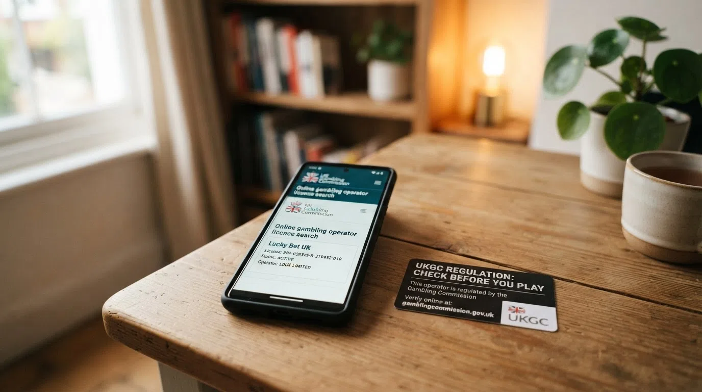 A stylised UK Gambling Commission logo beside a smartphone showing the public register search screen