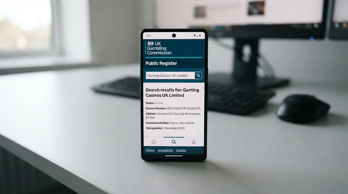 A close-up of a smartphone screen displaying the Gambling Commission public register search page with a casino name entered in the search bar