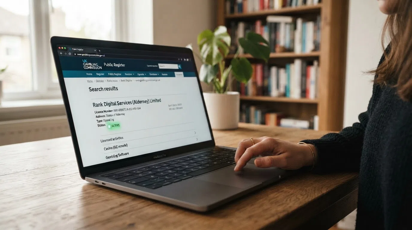 The UK Gambling Commission public register search page open in a web browser, displaying the licence entry for a UK-licensed casino operator with an active status indicator