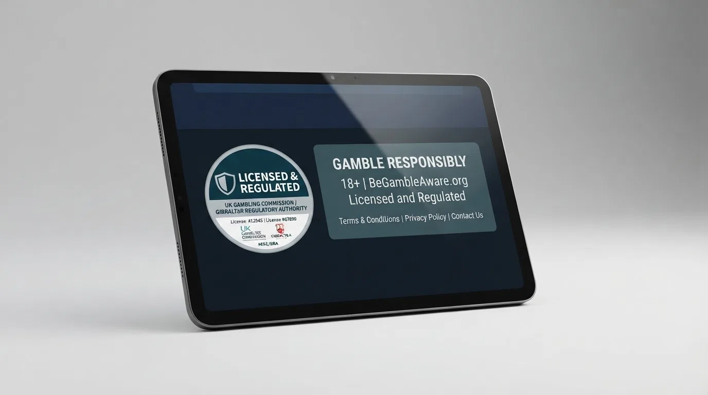 The UKGC licence badge and account-number footer line displayed at the bottom of a casino homepage on an iPad screen