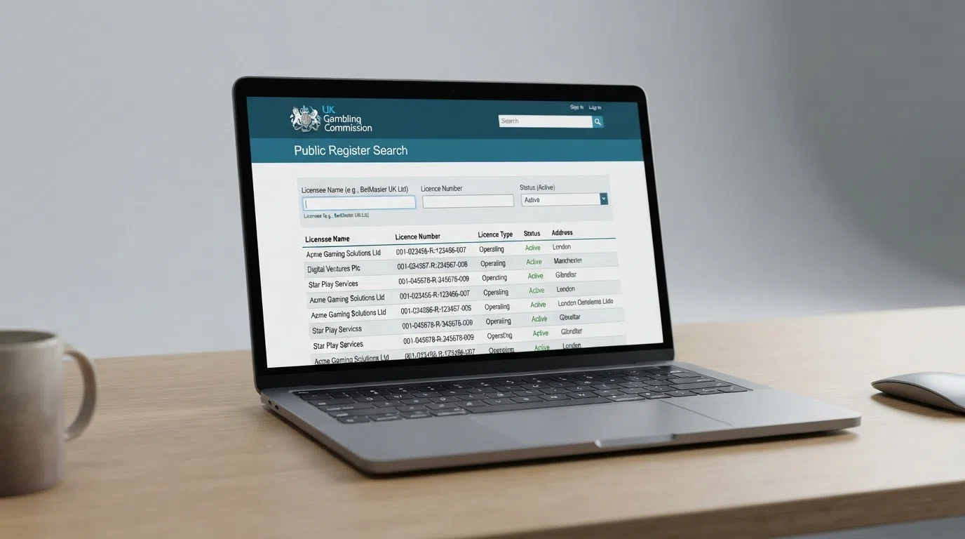 A screen displaying the Gambling Commission public register with a licence-holder detail page open, showing licence status, account number and licence types