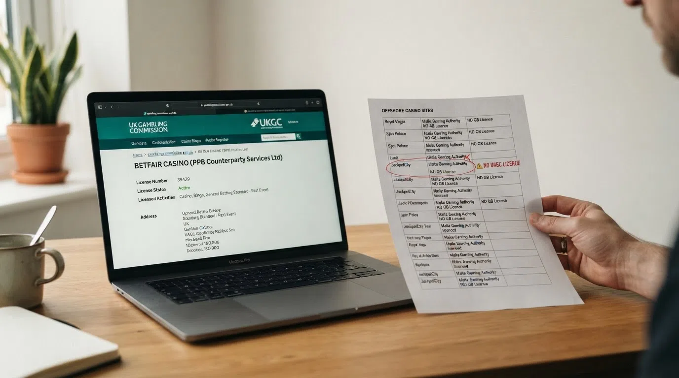 A UK Gambling Commission licence page next to an offshore casino listing marked without a GB licence