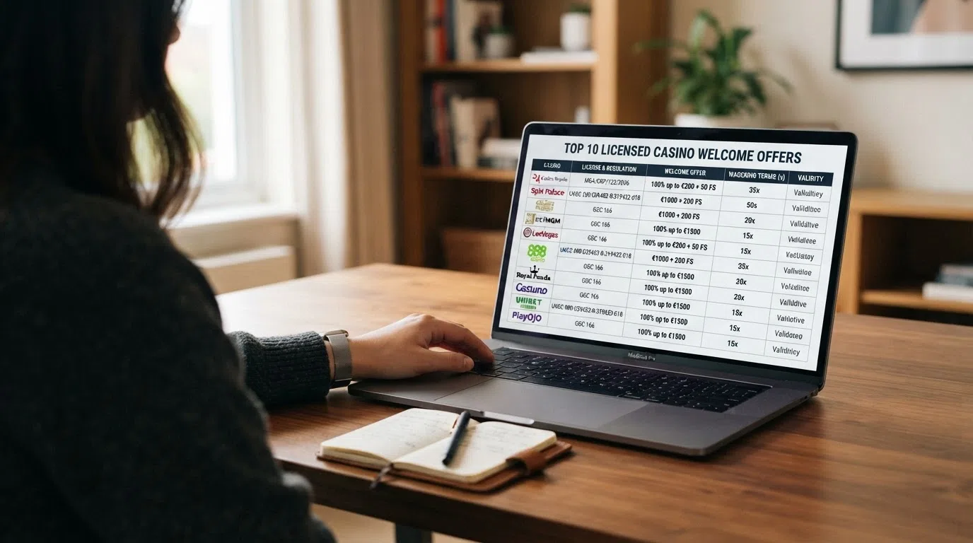 A side-by-side table of ten casino welcome offers with licence numbers