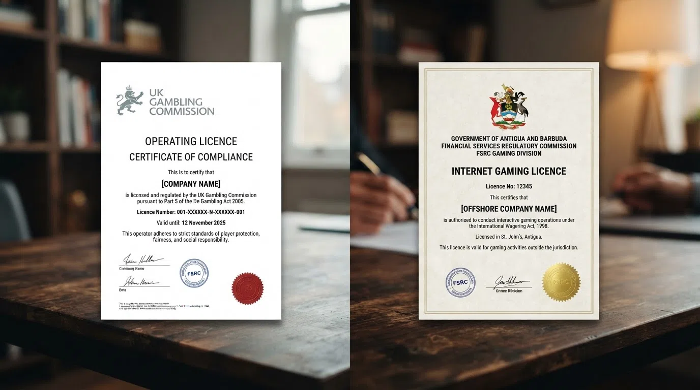 A split composition: on the left, the UKGC logo on a white regulatory document; on the right, a Curaçao licence certificate with its seal — both framed as alternatives a UK player faces