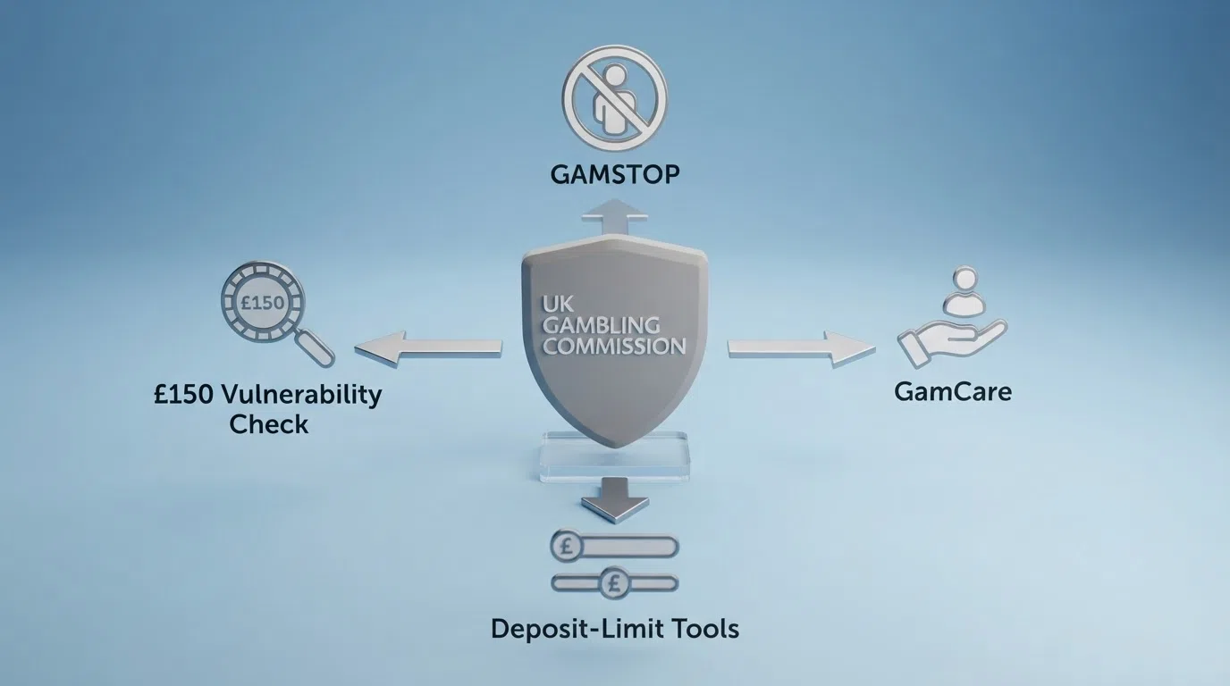 A simplified diagram showing the UKGC logo at the centre with arrows pointing to four pillars: GAMSTOP, GamCare, deposit-limit tools and the £150 vulnerability check, each labelled in a clean sans-serif